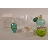 A Stuart lead crystal bowl, plus two scent bottles in decorative art glass, a cut glass trinket