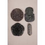 Four Chinese hardstone pendants with carved decoration of Immortals, bats and Chinese characters,