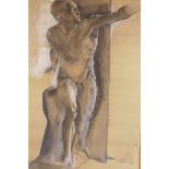 Male figure study in the manner of Frederic Leighton, C19th charcoal and watercolour highlighted