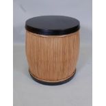 A bamboo barrel shaped occasional table with hardwood top, 22" diameter x 22" high