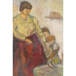 Figure with two children, indistinctly inscribed verso 'Lost', Reg Gammon, oil on board, 11½" x 9½"