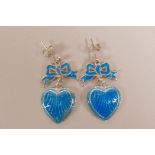 A pair of sterling silver and enamel heart shaped drop earrings, 1" drop