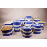 Ten large pieces of T.G. Green and Co. Cornish ware, blue and white, including three teapots, a