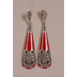 A pair of 925 silver, marcasite and enamel Art Deco style drop earrings, 2½" drop