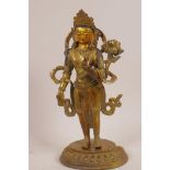 A Chinese bronze figurine of Quan Yin with a gilded face, 10½" high