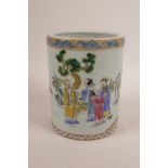 A Chinese celadon ground porcelain brush pot with polychrome enamel decoration of figures in a