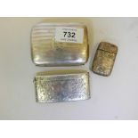 A hallmarked silver cigarette case, a silver card case with chased decoration and a silver plated