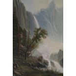 J. Hall, oil on canvas, epic mountain landscape, signed recto lower left, 16" x 12"