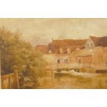 Thomas Pyne, mill buildings by a river with wooden bridge, signed lower right and dated 1894, 13"