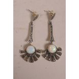 A pair of silver, Art Deco style drop earrings set with marcasite and opalite, 2" drop