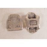 Two Chinese white metal trade tokens with impressed seal marks, 334 grams, largest 2½"