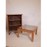 A bamboo and rattan bookcase, and a glass topped bamboo coffee table, 30" x 13", 39" high