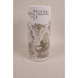 A Chinese Republic porcelain cylinder vase decorated with a mountain landscape, 11" high x 5"
