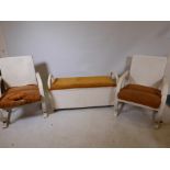 A pair of 1930s Lloyd Loom style bentwood chairs and matching ottoman, 40" x 15" x 21"
