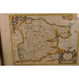 Johannes Janssonius of Amsterdam, a C17th hand coloured engraving, a map of Essex, on watermarked