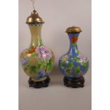 Two Oriental cloisonné table lamps on carved hardwood bases, largest 16" high