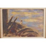 River scene with fisherman on a barge, indistinctly signed, oil on canvas laid on board, 6½" x 9½"