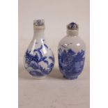 A Chinese blue and white porcelain snuff bottle with landscape decoration to side, together with