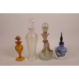 Three art glass scent bottles, and an amber glass scent bottle, largest 8½" high