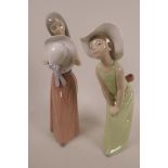 Two Lladro figurines, 'Curious Girl with Straw Hat', #5009, and the other 'Bashful Girl with Straw