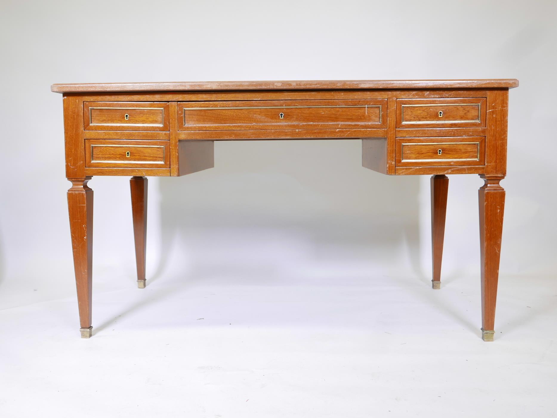 A French mahogany five drawer desk, with brass mouldings, slides to each end, and inset leather top, - Image 3 of 3