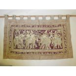 A Thai stumpwork wall hanging depicting figures riding elephants, 60" x 38"