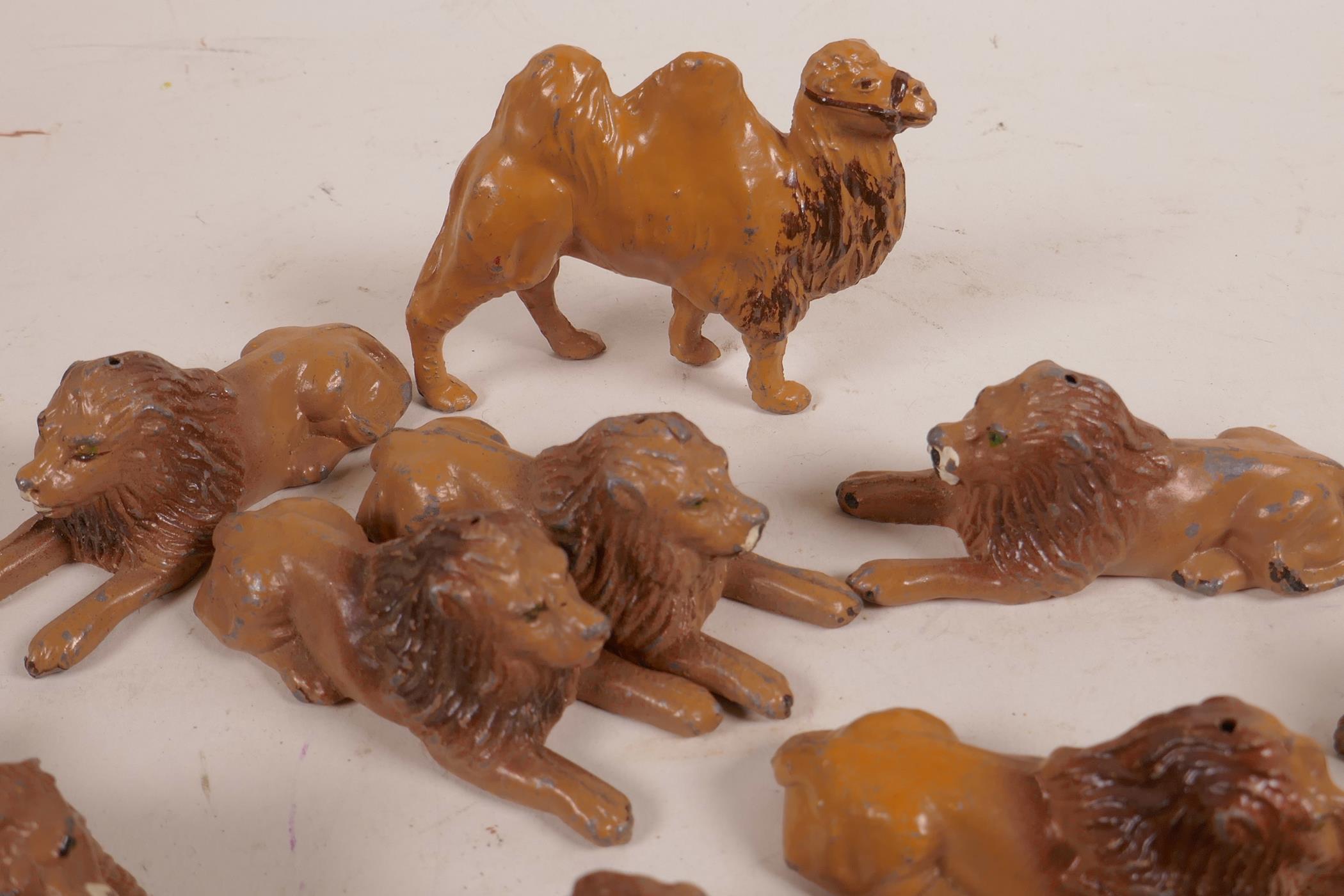 A collection of vintage painted lead animals, lions and a camel, lions 2½" long - Image 2 of 2
