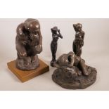 A composition figurine, 'The Thinker' after the classic, 12" high, together with three composition