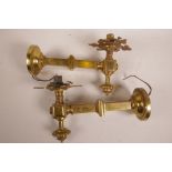 A pair of heavy brass wall lights, converted from gas lights, 11" long