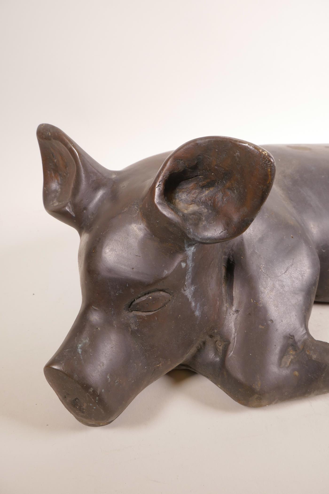 A large bronze recumbent pig, 18½" x 14" - Image 2 of 2