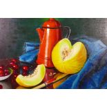 A Lawrence (?) (British, C20th), 'Yellow Melon, Red Cherries', signed lower right, oil on board, 19"