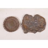 A Japanese Meji bronze shallow dish in the form of two monkeys, together with a Meiji woven bronze