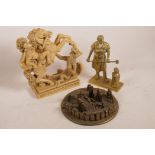 A brass figurine of a blacksmith, 7½" high, together with a composition model of Stonehenge and