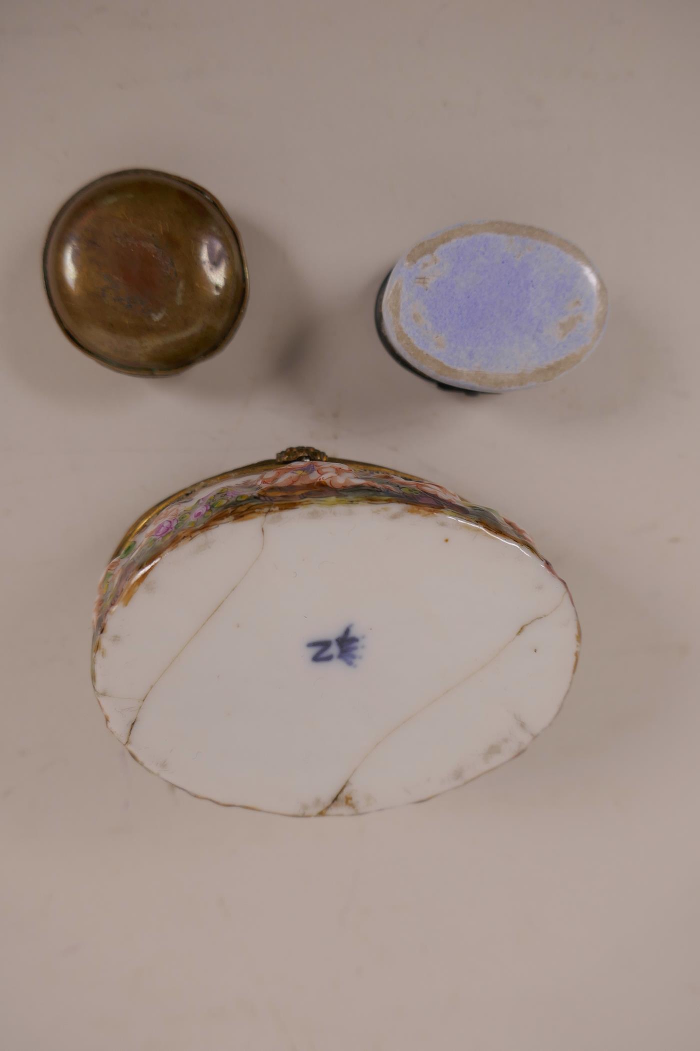 Two C19th enamel patch boxes, and a large enamelled Naples box decorated with cherubs and a Roman - Image 6 of 6