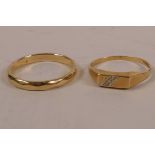 A 9ct gold wedding band and a gold ring with two diamond chips, both approximately size 'R', 4.5