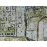 'Kasbah Fez', abstract view over a city, oil on board, titled verso, 1959, 29" x 27"