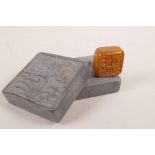 A Chinese soapstone box and seal, the cover carved with lotus flower decoration, 6 character mark to