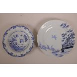 A late C18th/early 19th Chinese blue and white dish with waterfowl decoration, and another with