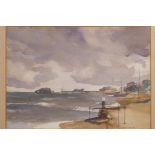 Francis Russell Flint, coastal scene with damaged pier and beached boats, titled verso 'Stormy Sky