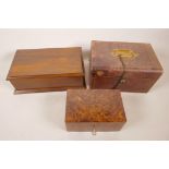 A C19th leather bound jewellery box with inset brass handle and lock, 9" x 7" x 5", together with