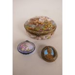 Two C19th enamel patch boxes, and a large enamelled Naples box decorated with cherubs and a Roman