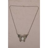 A 925 silver butterfly pendant necklace set with a large opalite, 2" wide