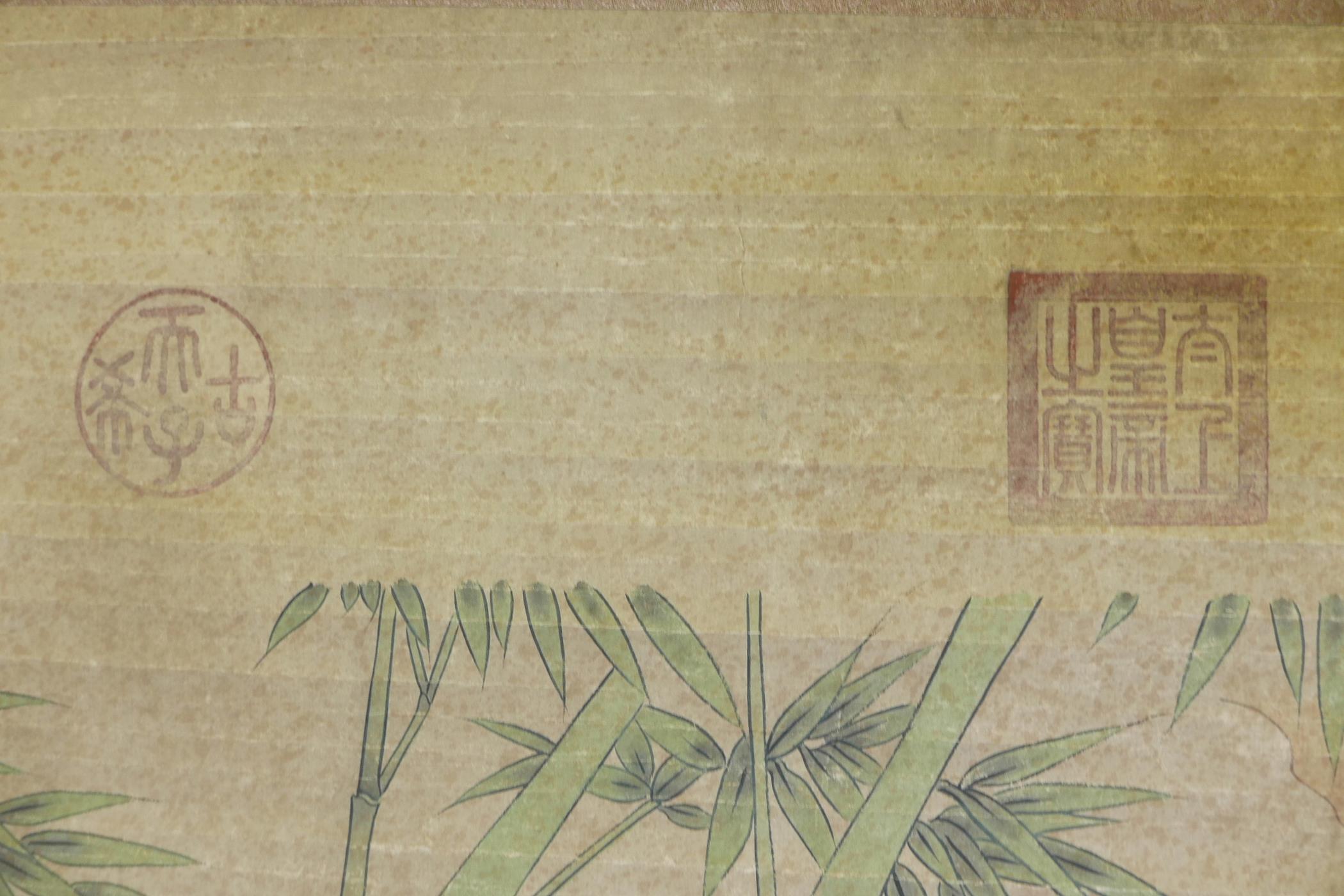 A Chinese watercolour scroll decorated with two pheasants in a landscape, 26" x 49" - Image 4 of 4