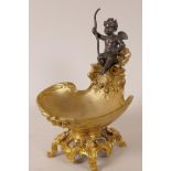 A bronze sweetmeat bowl cast in the form of a shell and mounted on a stand, both with a gilt