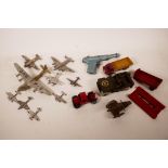 Nine Dinky die cast model aircraft, mid C20th, various other metal vehicles, and a metal cadet