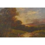Figures in a rural landscape at sunset, inscribed verso 'Jos Thors', 19th, oil on canvas, 6" x 8½"