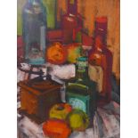 Abstract still life with fruit, oil on board, signed indistinctly lower left, mid C20th, 20" x 28"