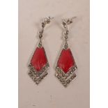 A pair of Art Deco style silver, marcasite and enamel set drop earrings, 1½" drop