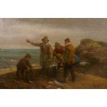 Fisherfolk on a beach, unframed, C19th, oil on canvas laid on board, 13½" x 18"