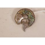 A William Spratling silver brooch, inset with abalone, impressed maker's mark, 1" diameter